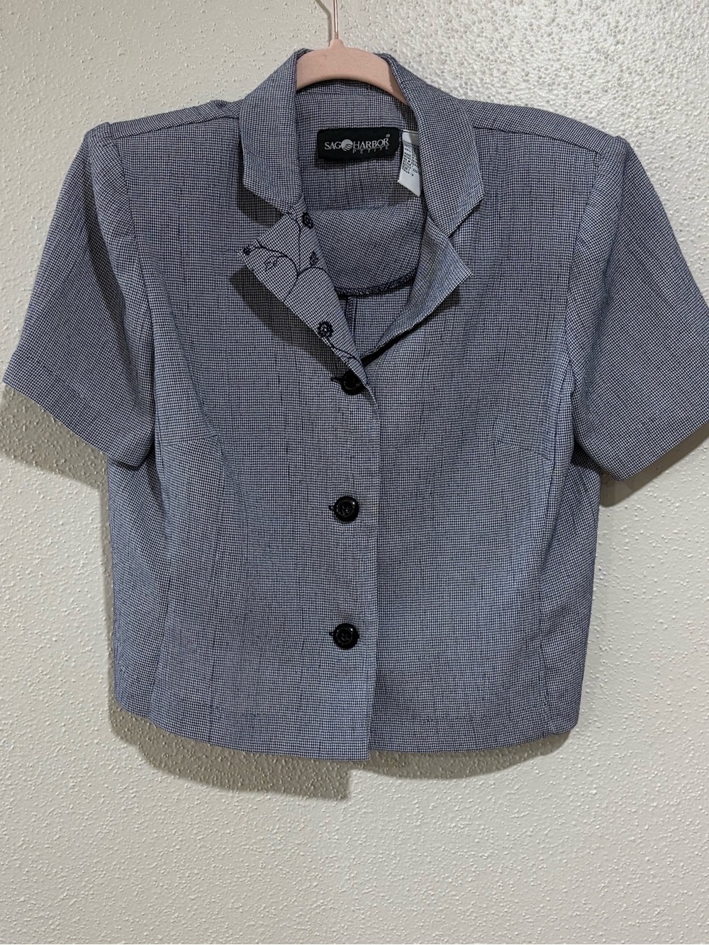 Sag Harbor Petite Short Sleeve Blouse/Blazer – 8 P – Blue & White Micro Check